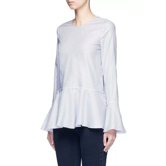 Theory Lexanda Mason White Blue Striped Long Bell Sleeve Peplum Blouse Top Sz XS - Picture 1 of 9